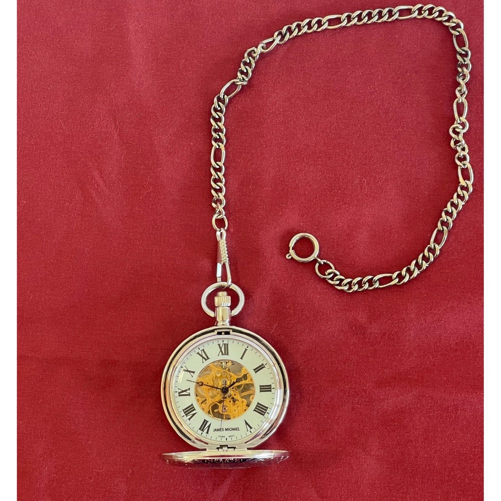 James Michael Silver Skeleton Pocket Watch Mechanical Roman Numeral Hunter Case‎